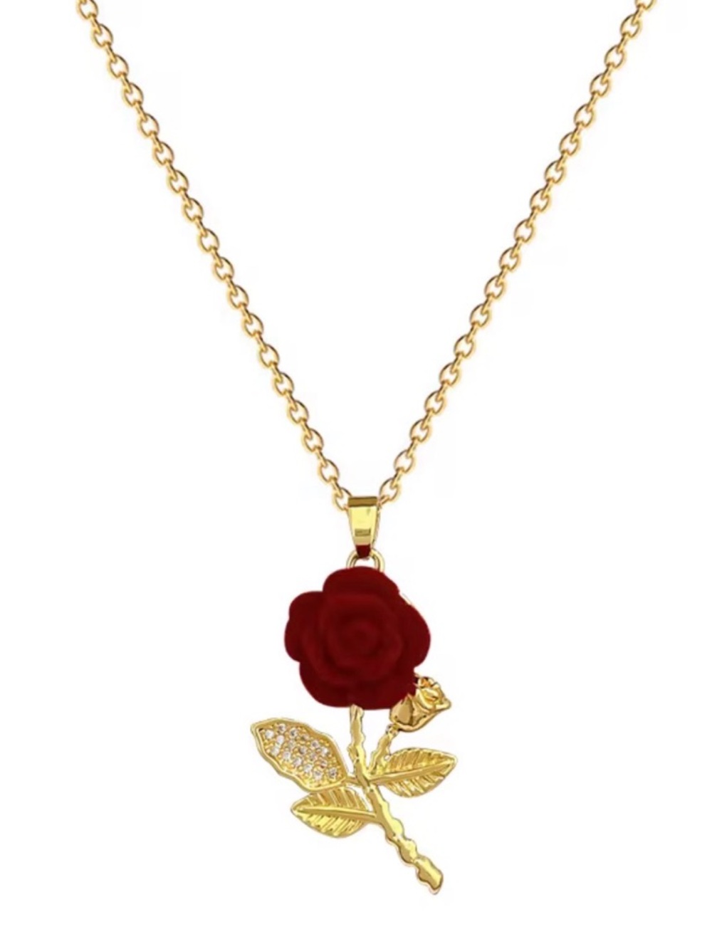 Gold Rose Pendant Necklace with Red Flower